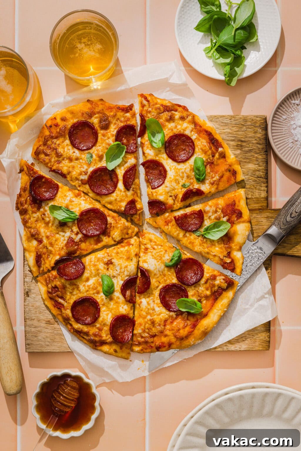 Protein-Packed Greek Yogurt Pizza Dough 10 A sliced pepperoni pizza with fresh basil on a wooden board, surrounded by two drinks, a knife, basil leaves, grated cheese, and a small bowl of honey on a peach-colored tiled surface.