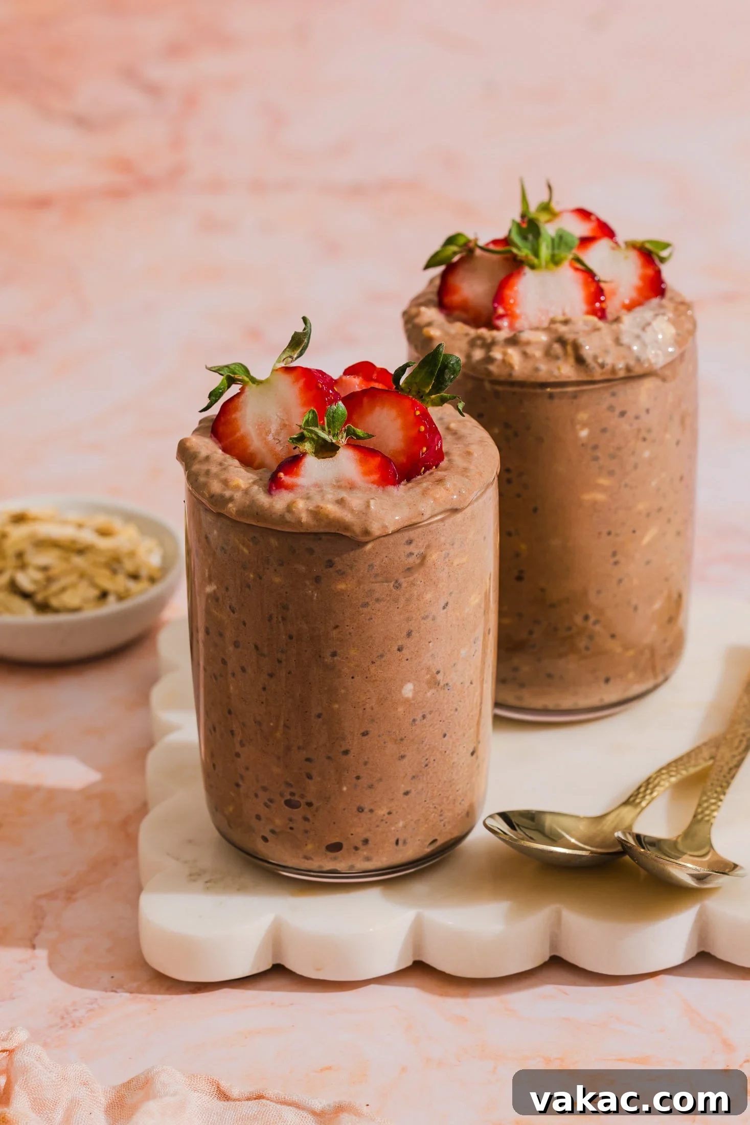 Protein-Packed Chocolate Overnight Oats with Greek Yogurt 3 Two glasses of chocolate chia pudding topped with sliced strawberries sit on a white tray, with two gold spoons and a small bowl of nuts beside them, all on a pink marble surface.