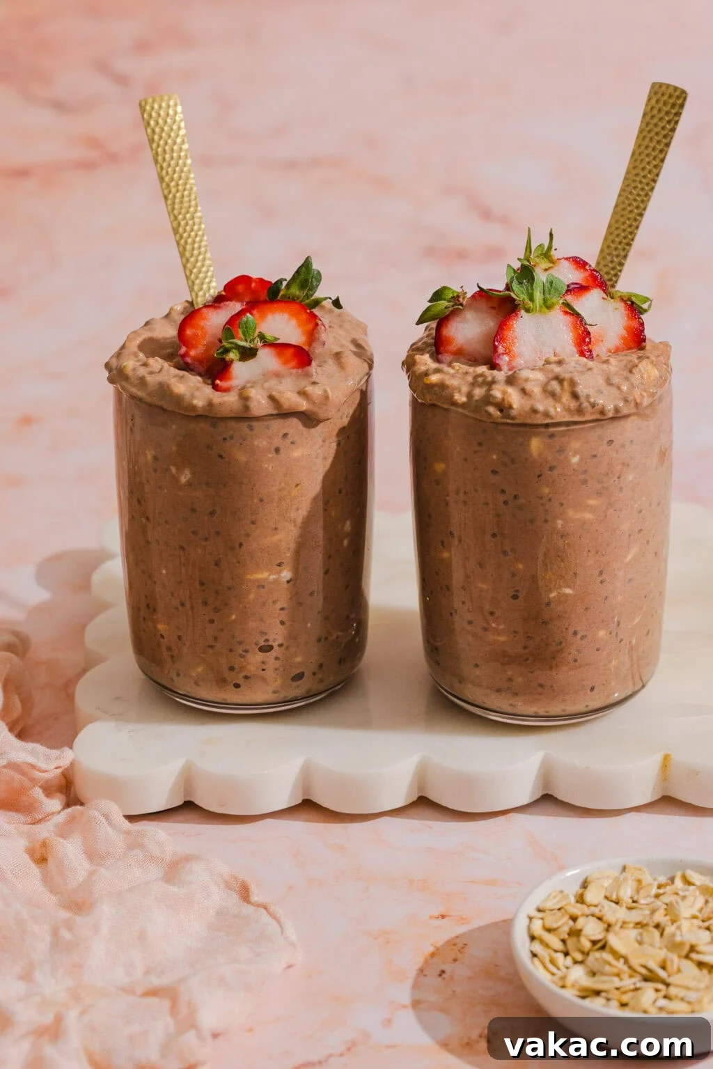 Protein-Packed Chocolate Overnight Oats with Greek Yogurt 8 Two glasses of chocolate overnight oats topped with sliced strawberries and gold spoons, placed on a white tray, with a small bowl of oats nearby on a pink surface.