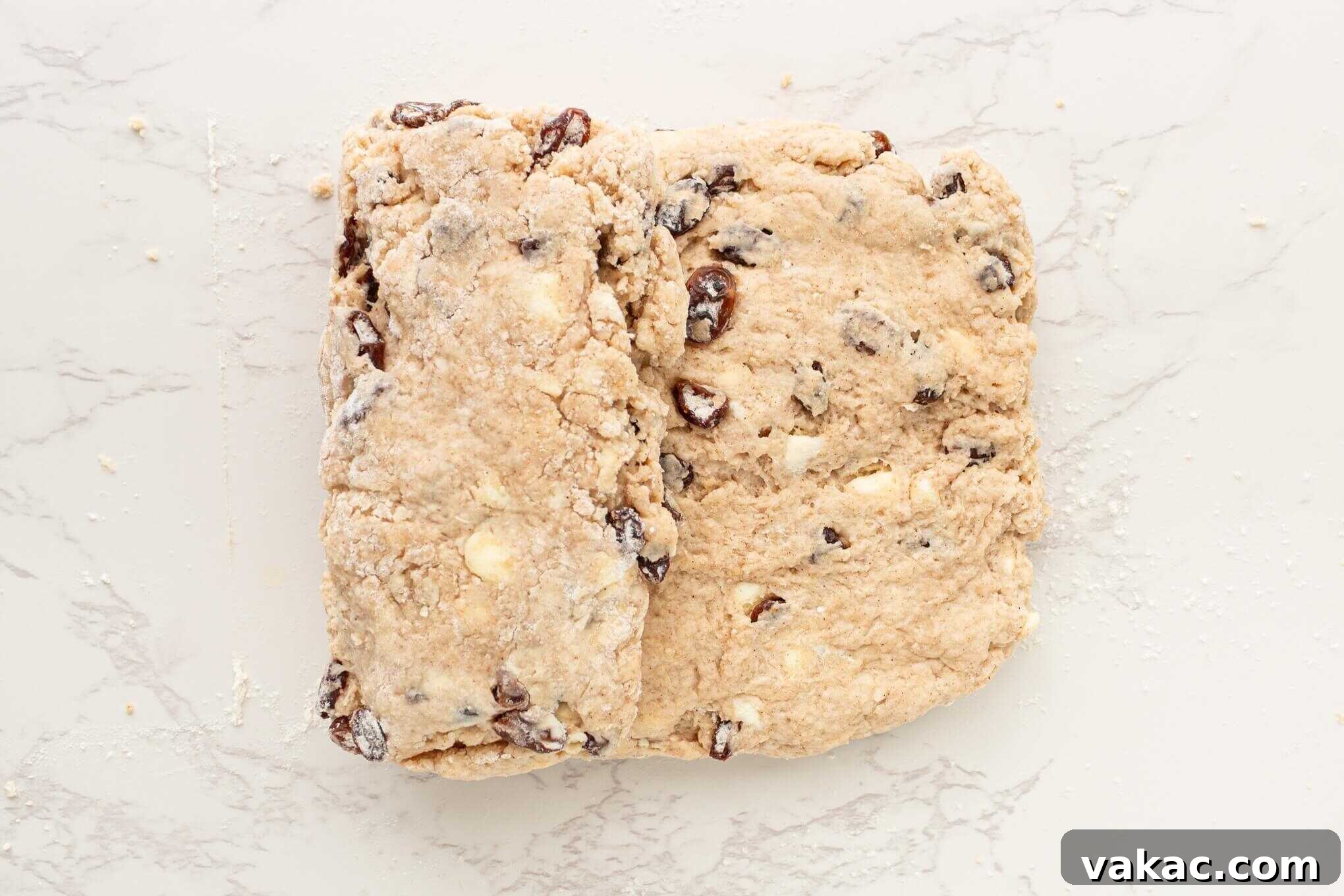 Fluffy Cinnamon Raisin Biscuits with Brown Sugar Glaze 6 An overhead view of cinnamon raisin biscuit dough being folded.